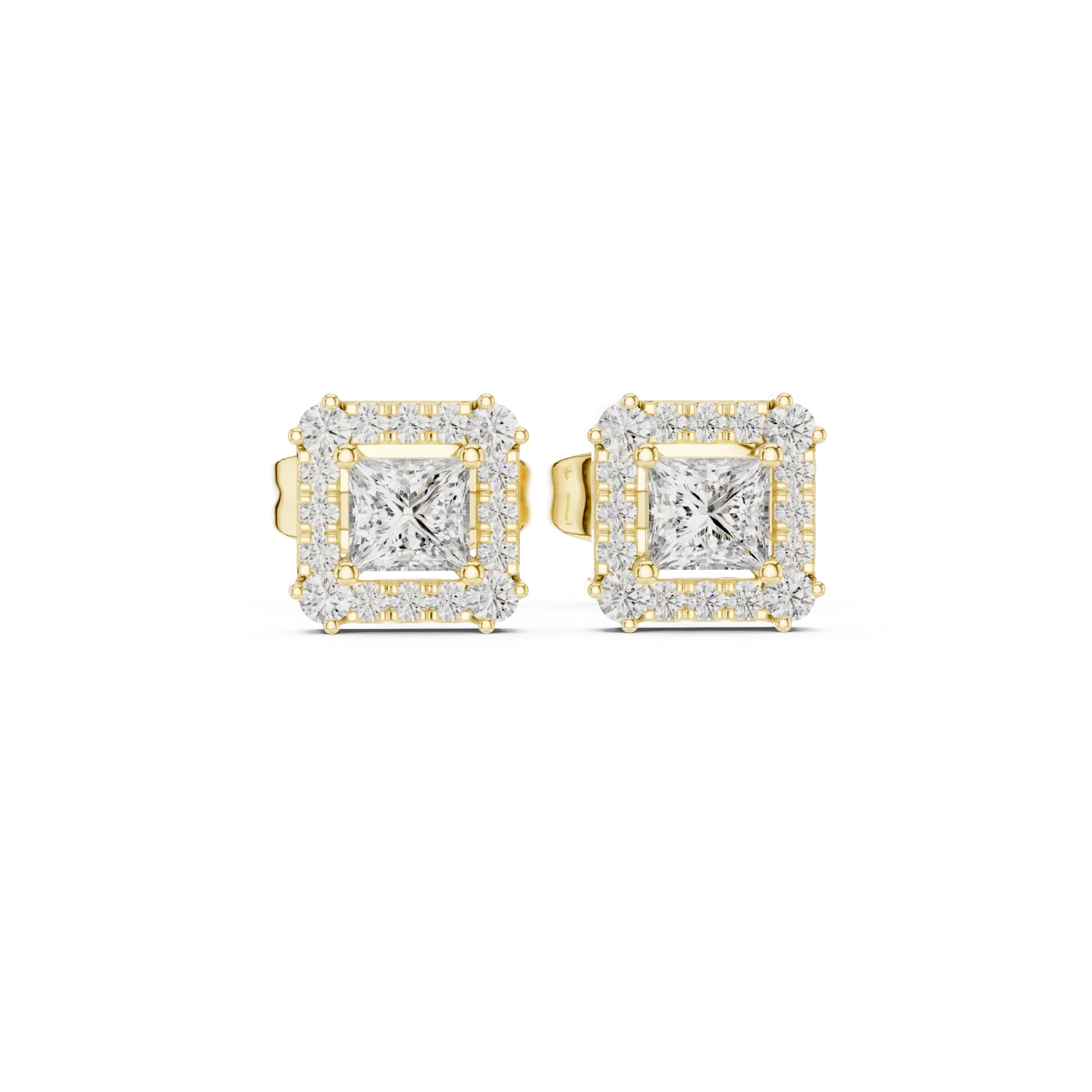 Princess Square Halo Stud Earrings