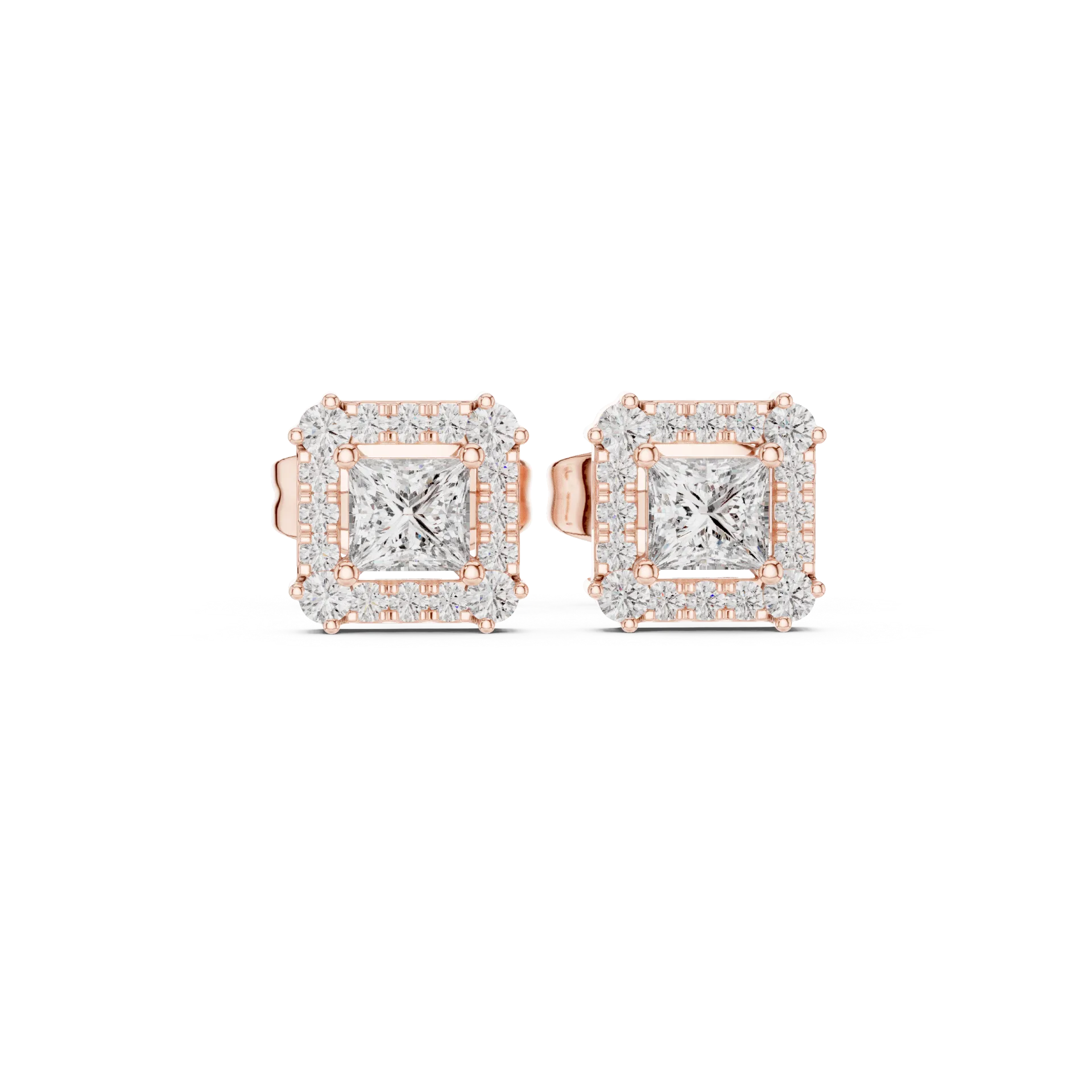 Princess Square Halo Stud Earrings