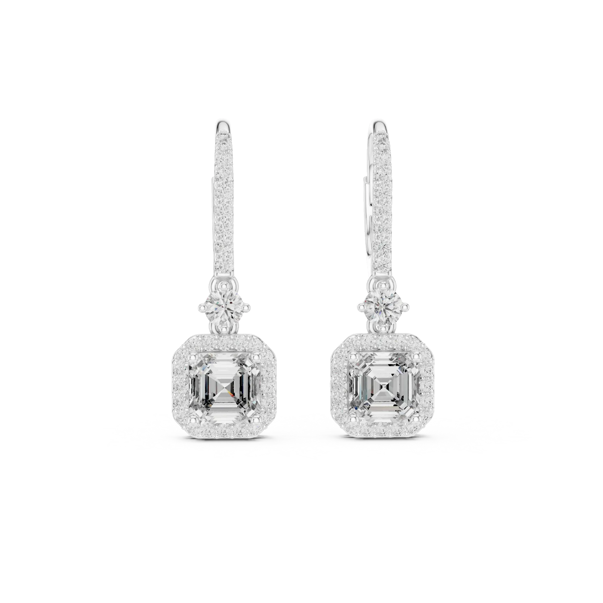Asscher Halo Diamond Drop Earrings