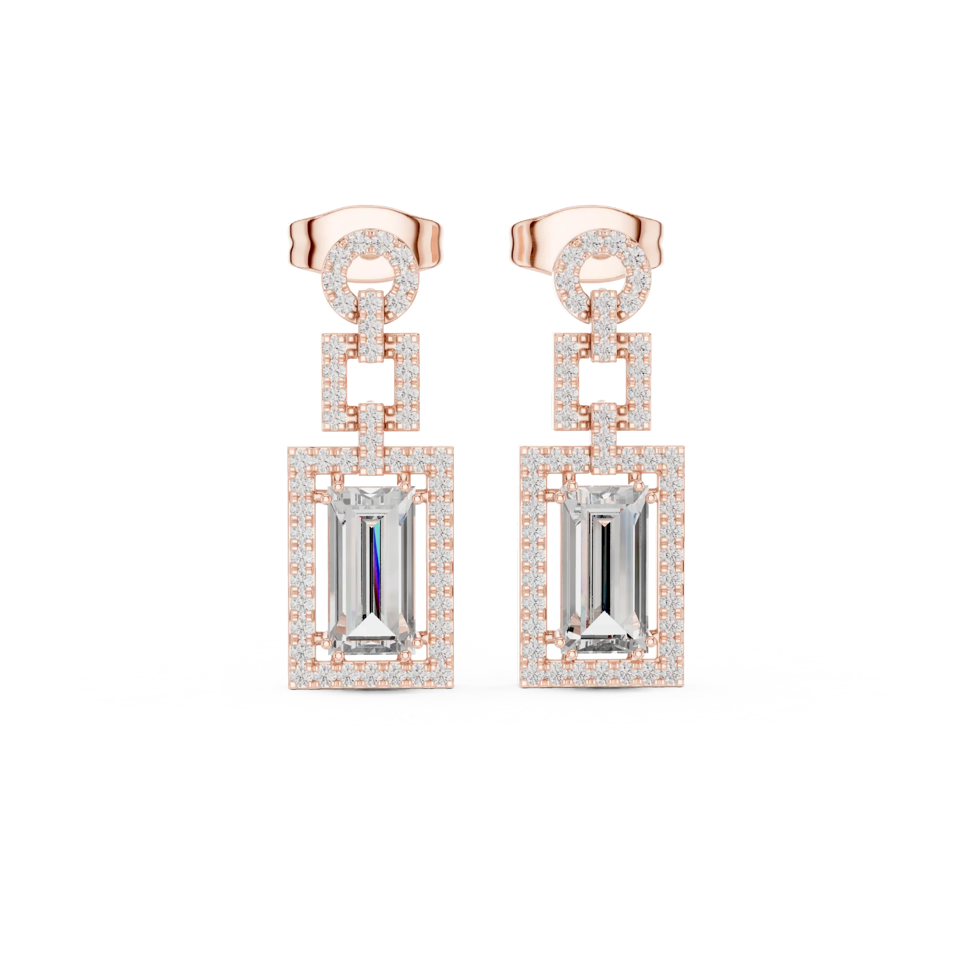 Baguette Halo Diamond Drop Earrings