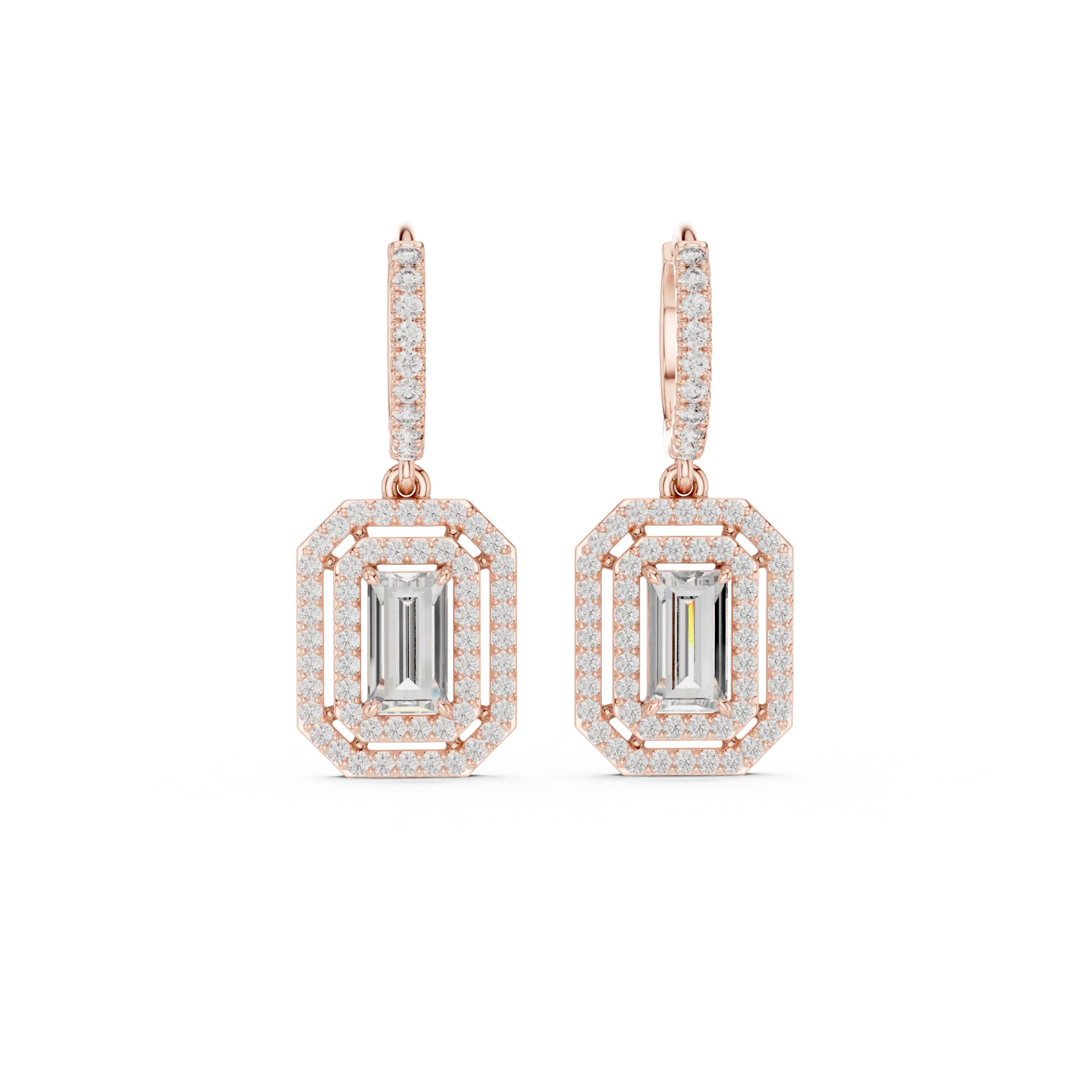 Baguette Double Halo Drop Earrings