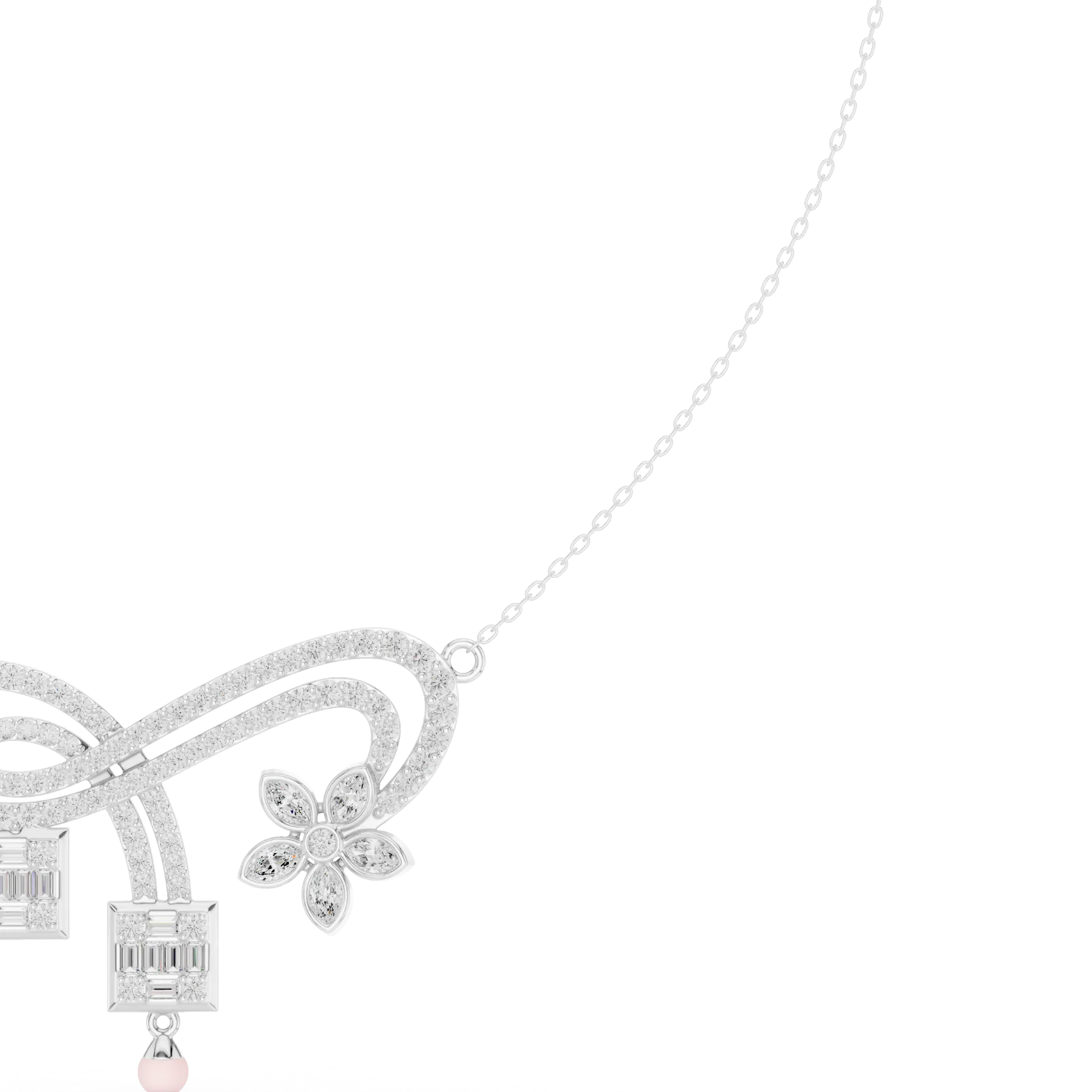 Ribbon Flower Diamond Drop Necklace
