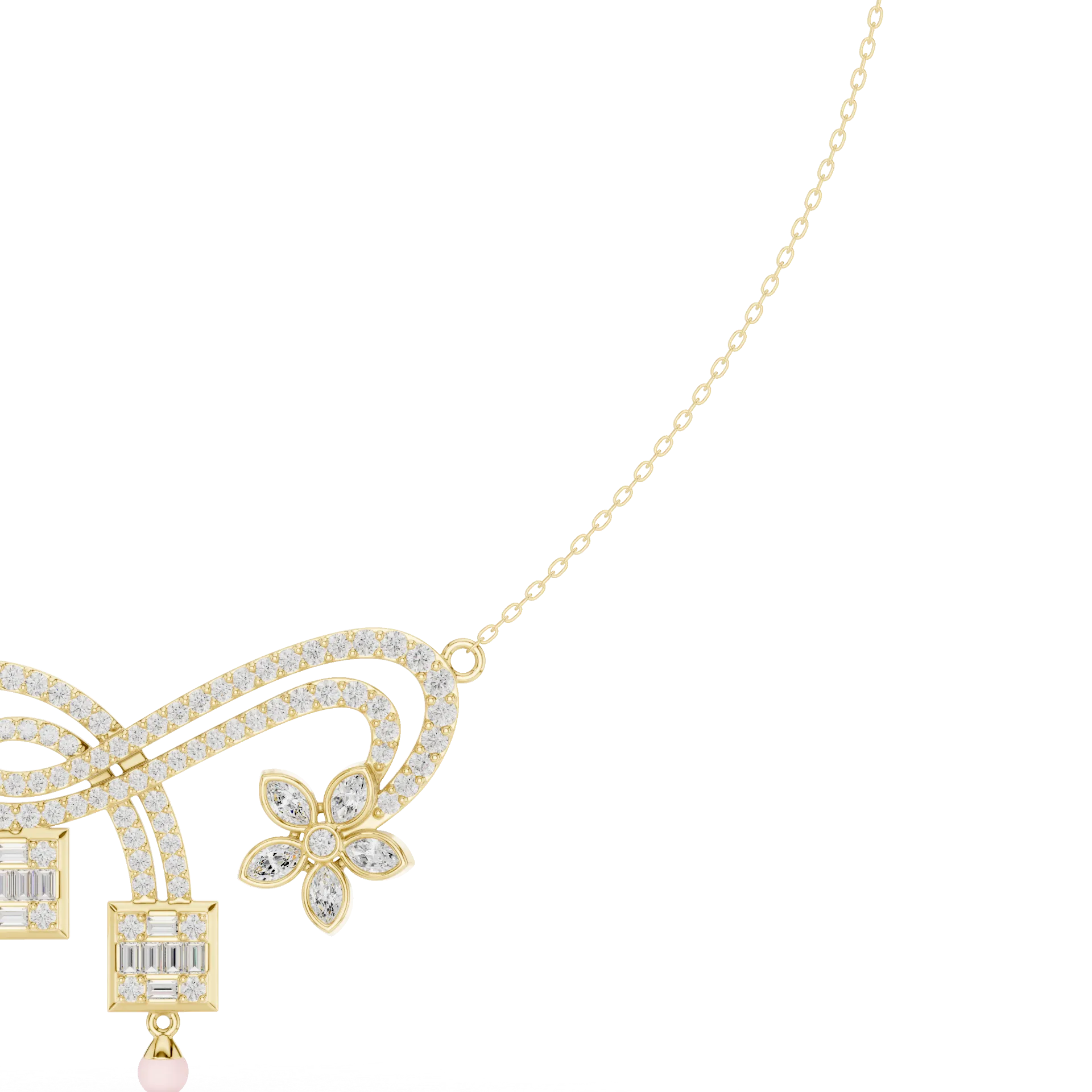 Ribbon Flower Diamond Drop Necklace