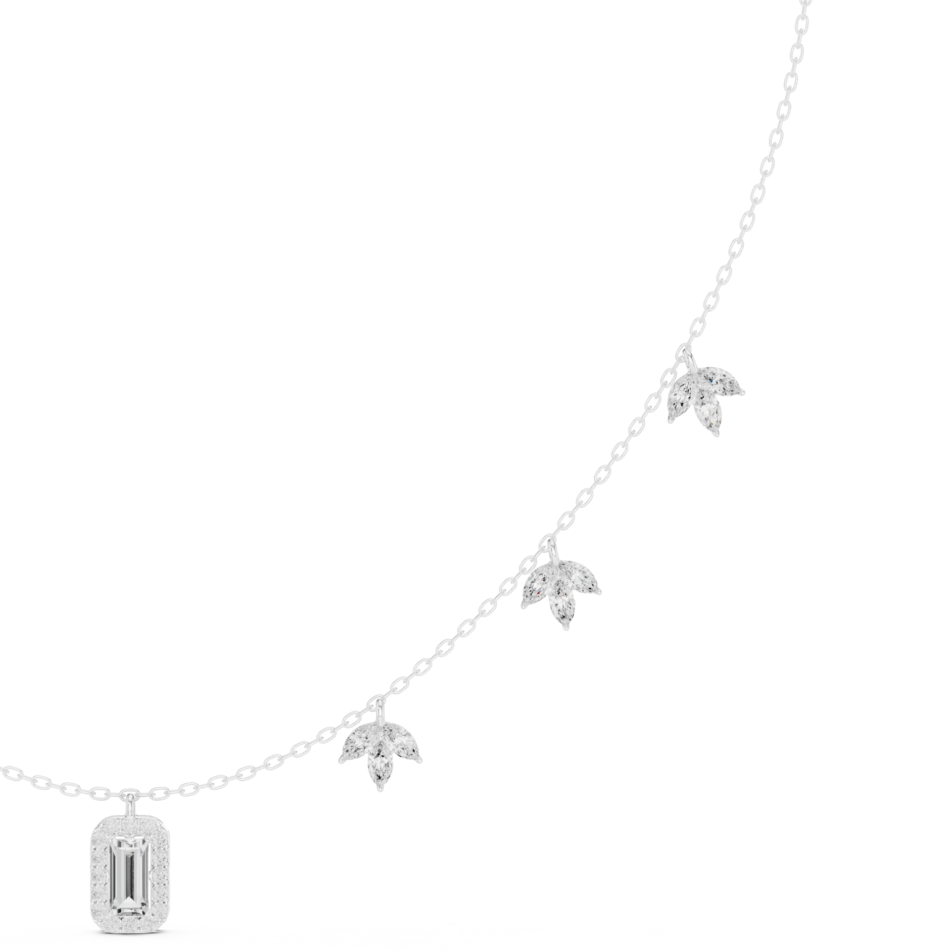 Baguette Halo Leaf Station Necklace