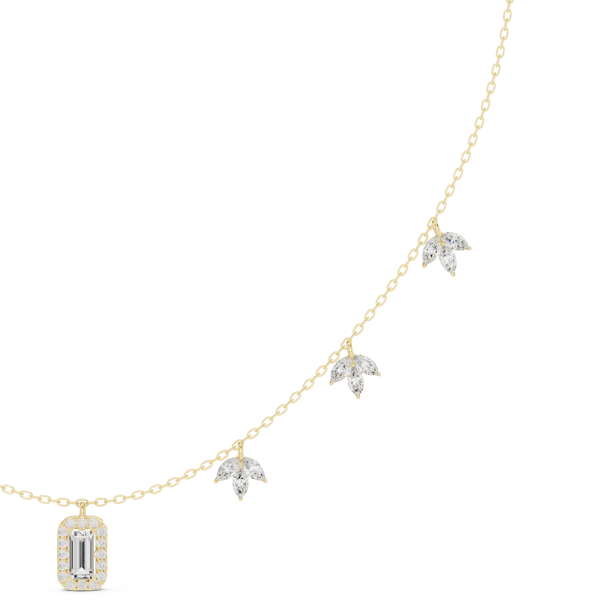 Baguette Halo Leaf Station Necklace