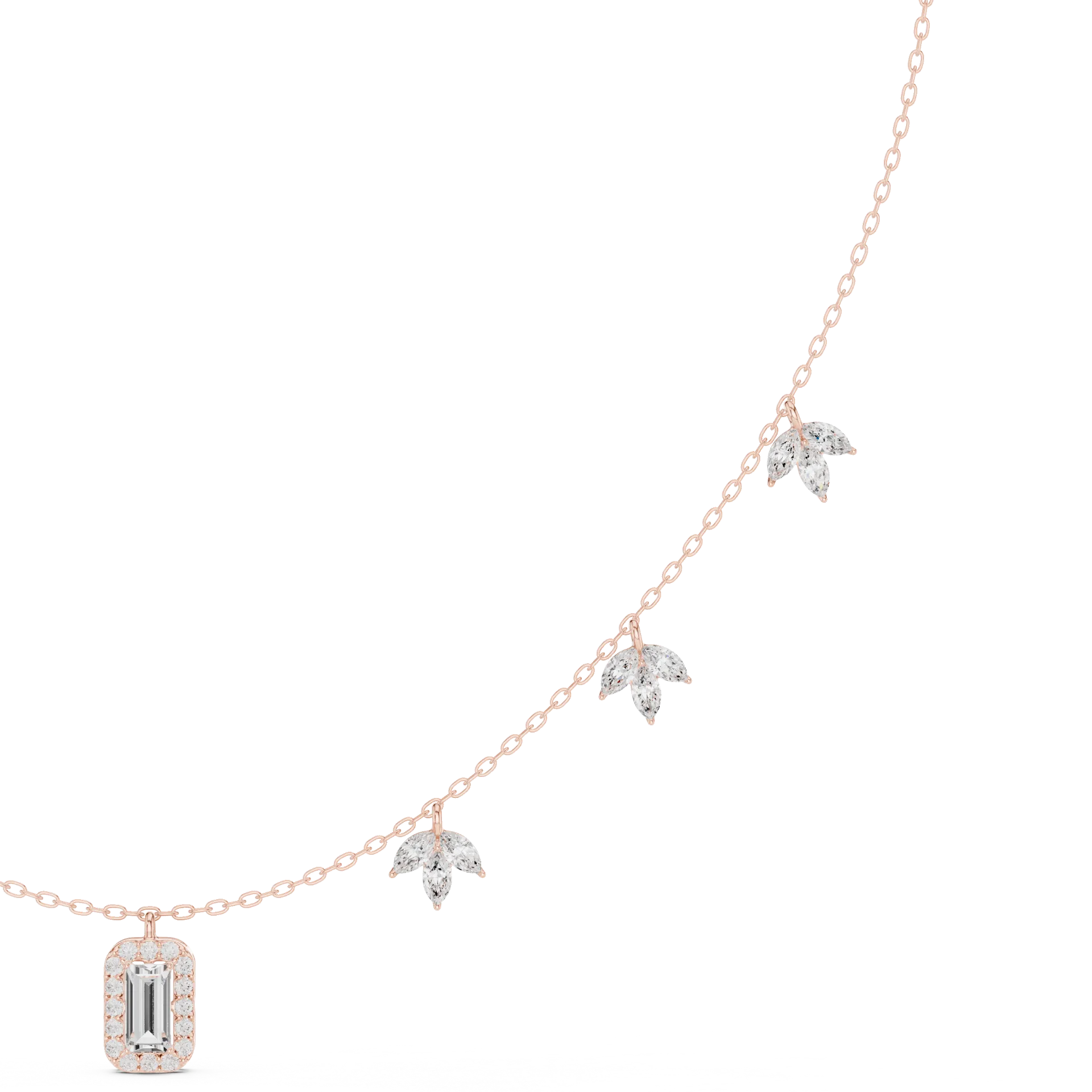 Baguette Halo Leaf Station Necklace